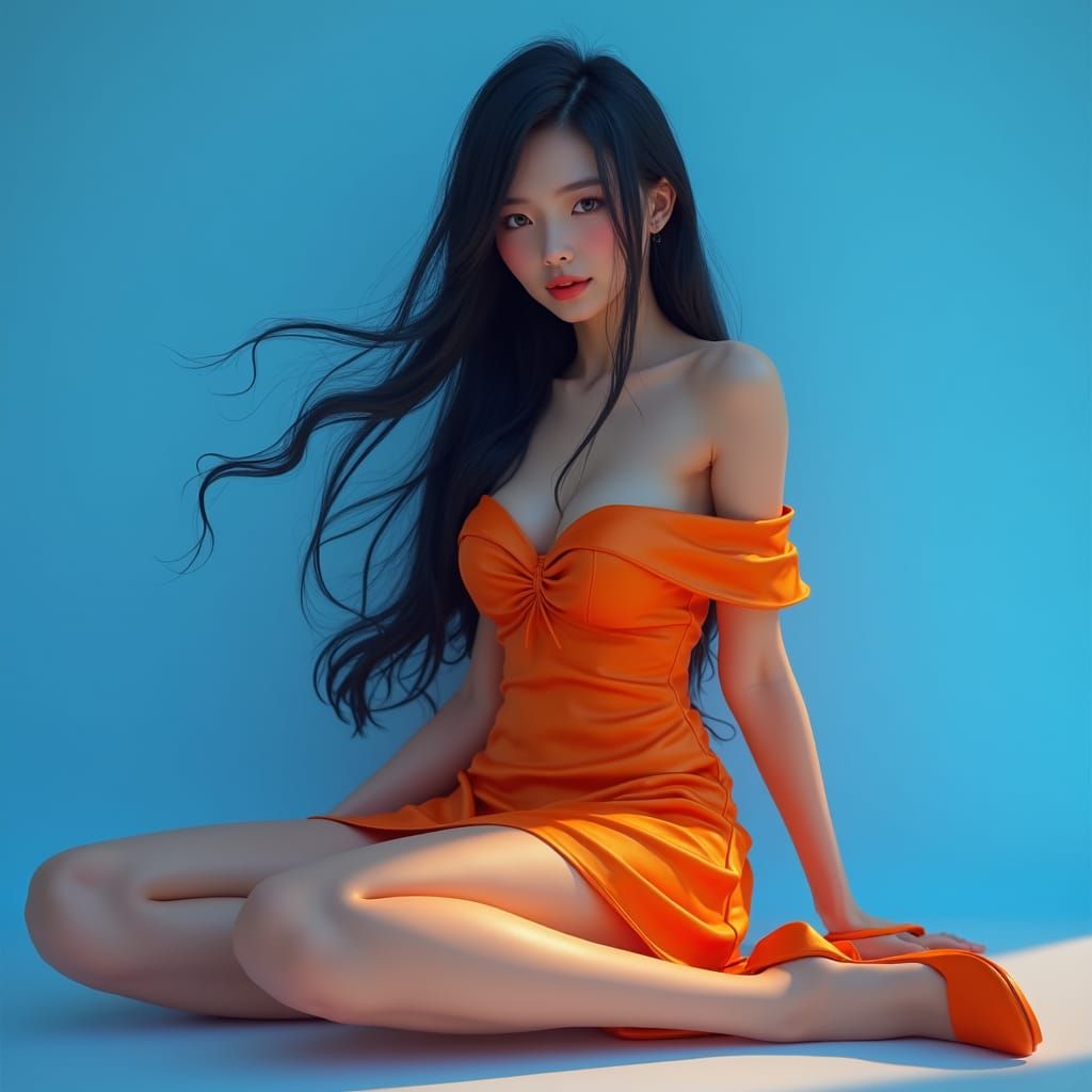 Glamorous Chinese Woman in Orange Dress, 3D Render