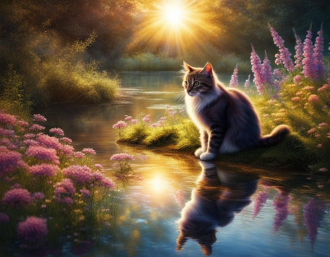 Cat on Riverbank with Sparkling Light Effects