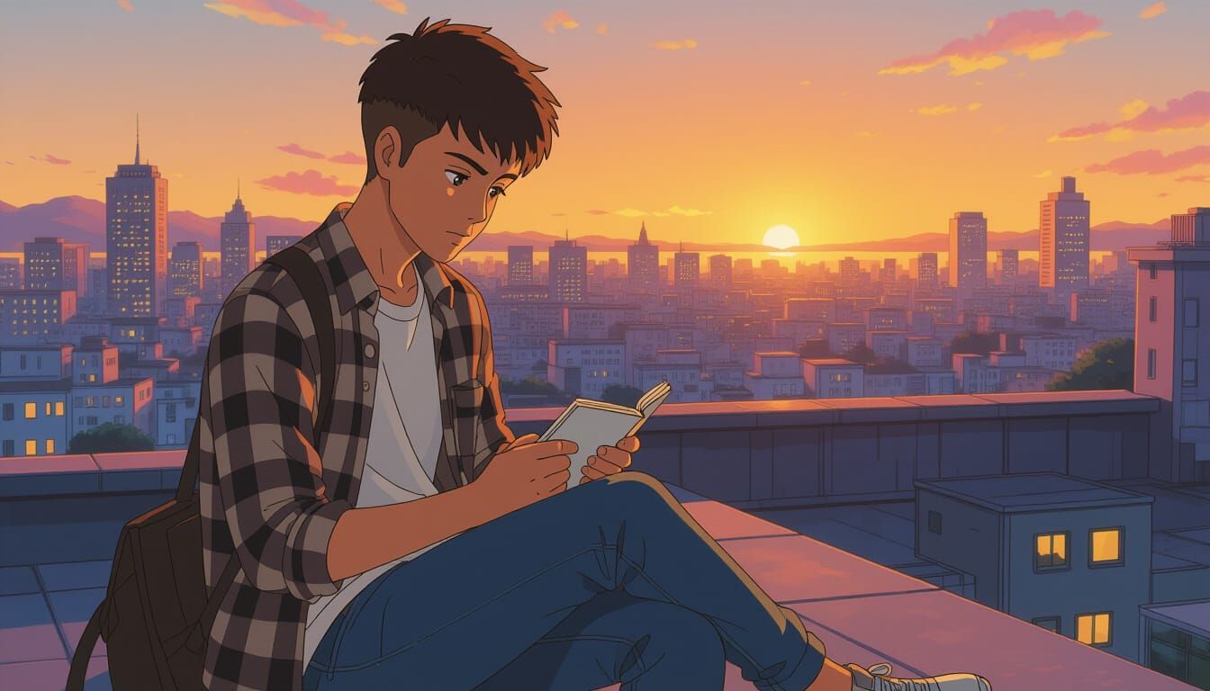 Indian Teenager on Rooftop at Sunset, Cartoon Style