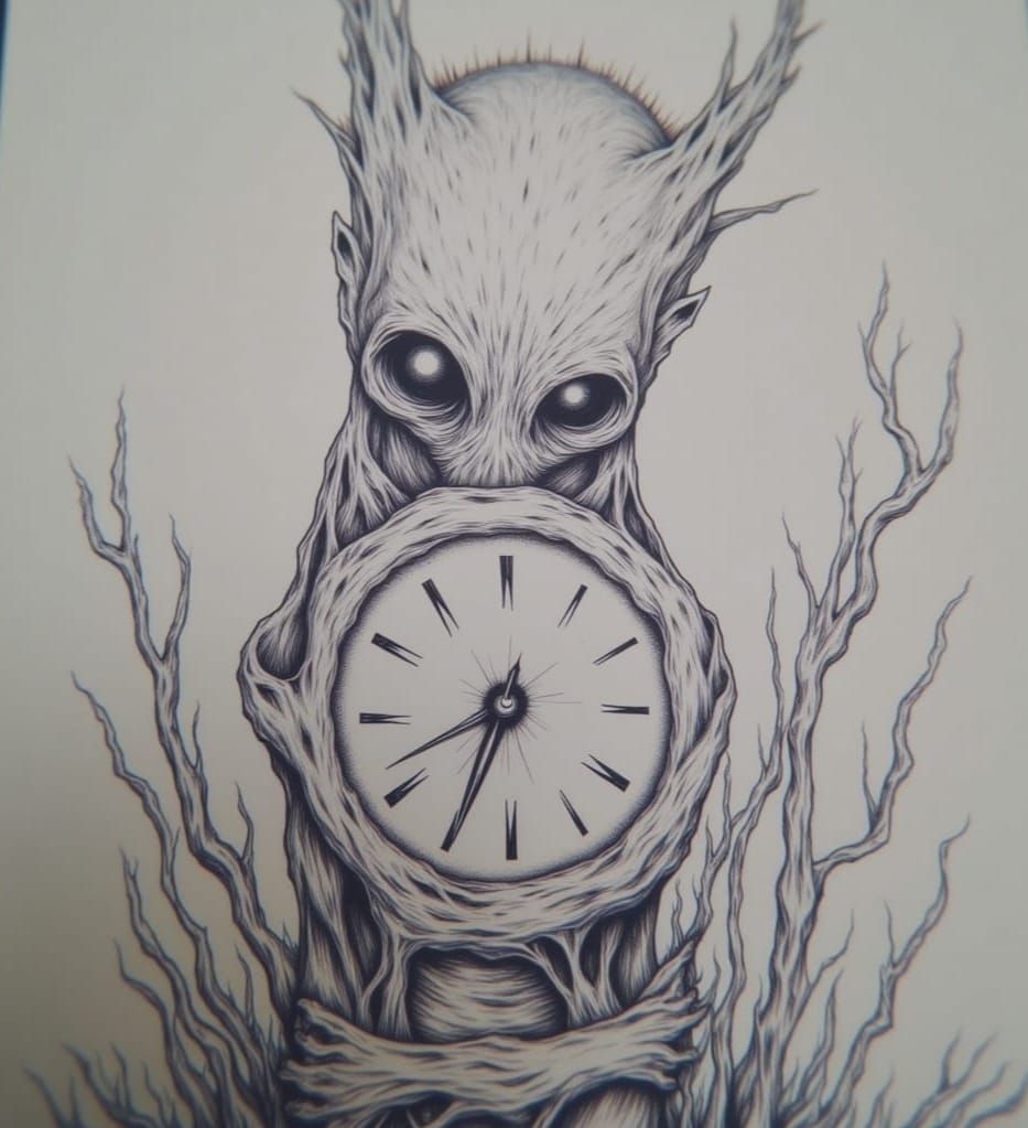 Cute Creature with Clock in Sketchbook Style