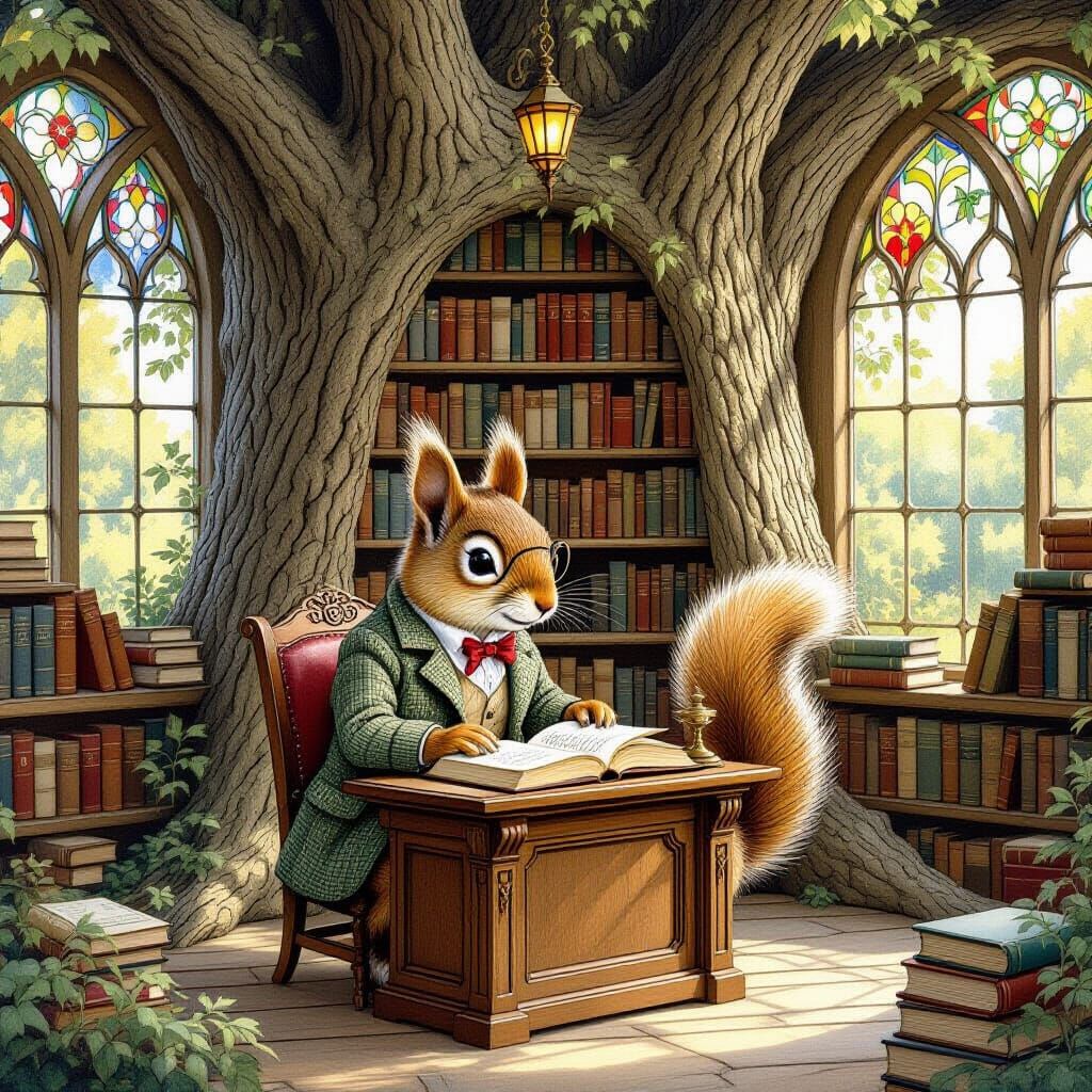 Squirrels Run Woodland Library in Art Nouveau Style