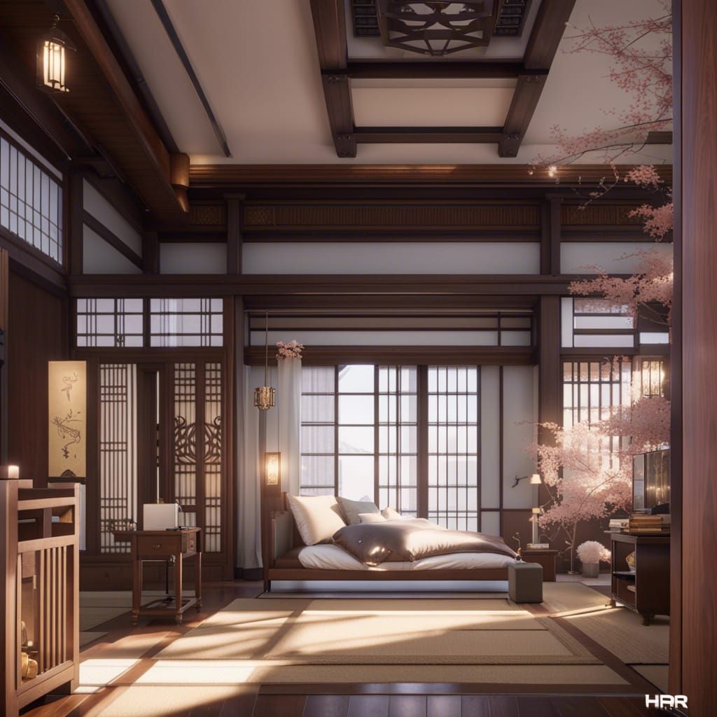 Opulent Japanese-European Bedroom with Cinematic 3D Graphics