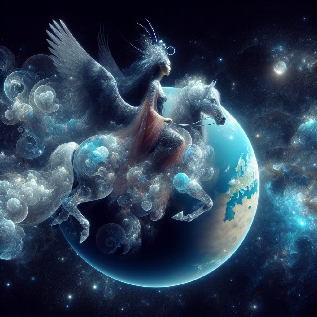 Asian Woman on Griffin Soaring Over Earth