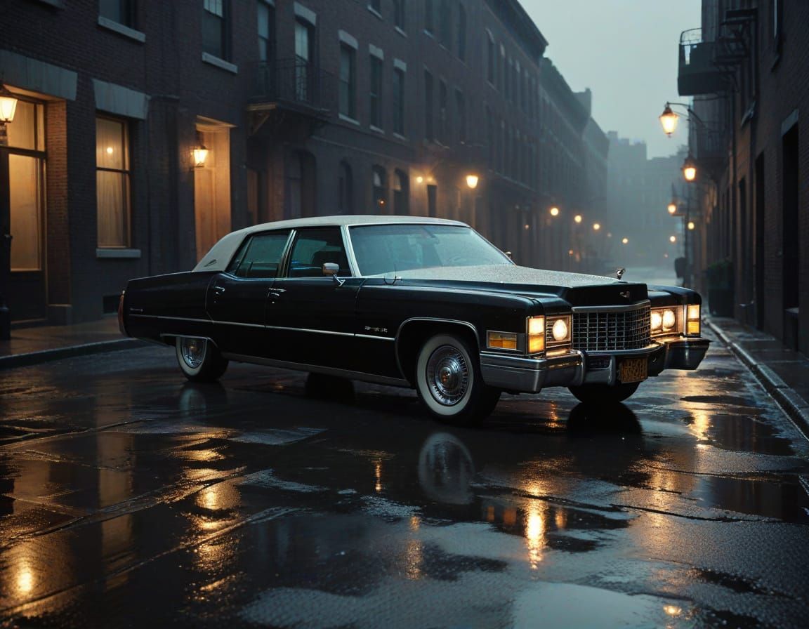 Sleek 1970s Cadillac Deville Cruises Through Rainy City Alle...