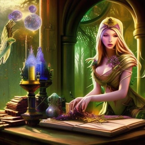 Blonde Witch Brews Potion in Sunlit Conservatory