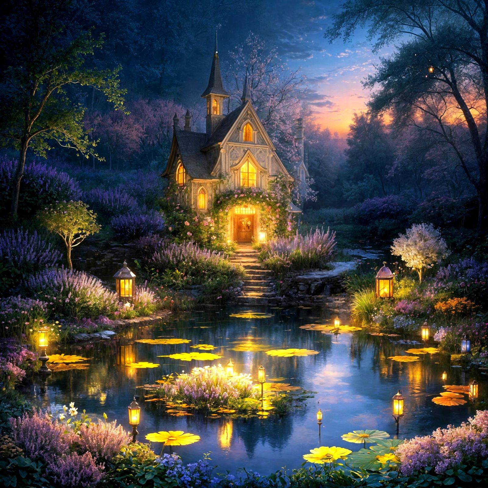 Magical Pond with Singing Flowers at Sunset