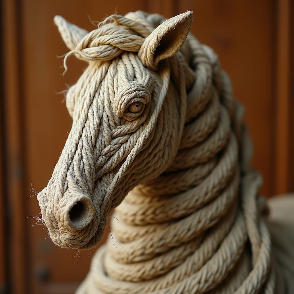 Hyper-Realistic Rope Horse Sculpture in Warm Wood Tone