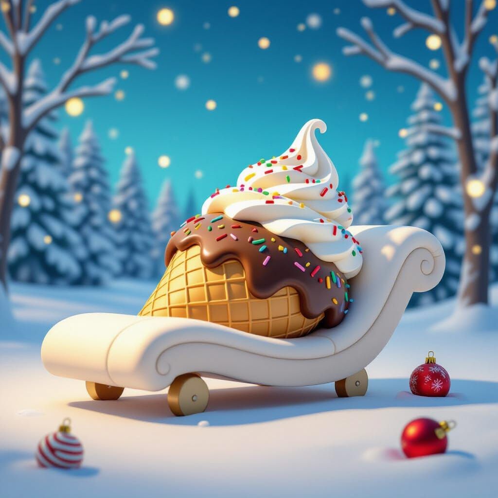 Whimsical Ice Cream Cone Chaise Lounge in Festive Winter Sce...