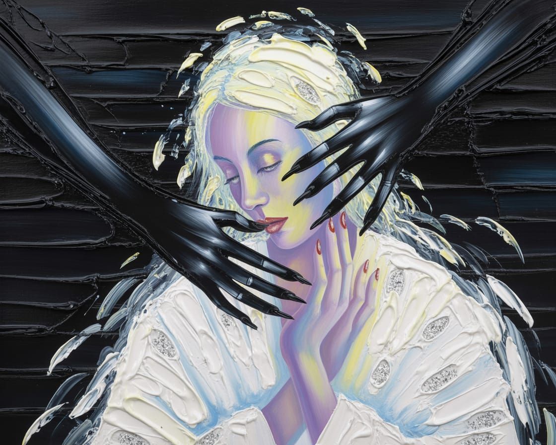 Impressionist Painting of Woman with Glowing Hair and Black ...