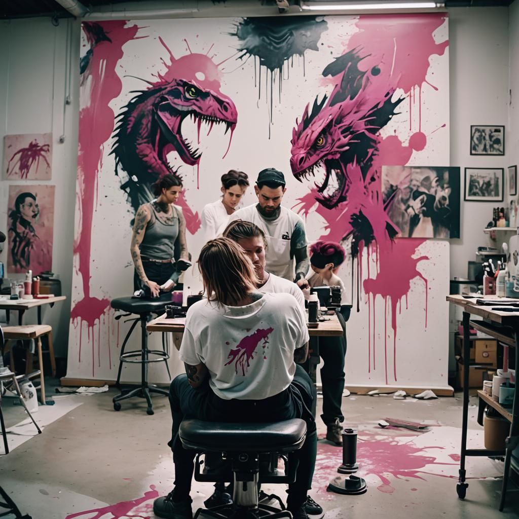 Industrial Tattoo Salon with Pink Paint Splash: Film Still