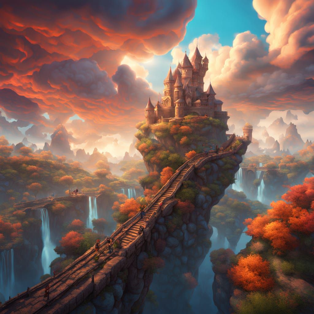 Whimsical Viaduct Scene with Eccentric Figure in Fantasy Sty...