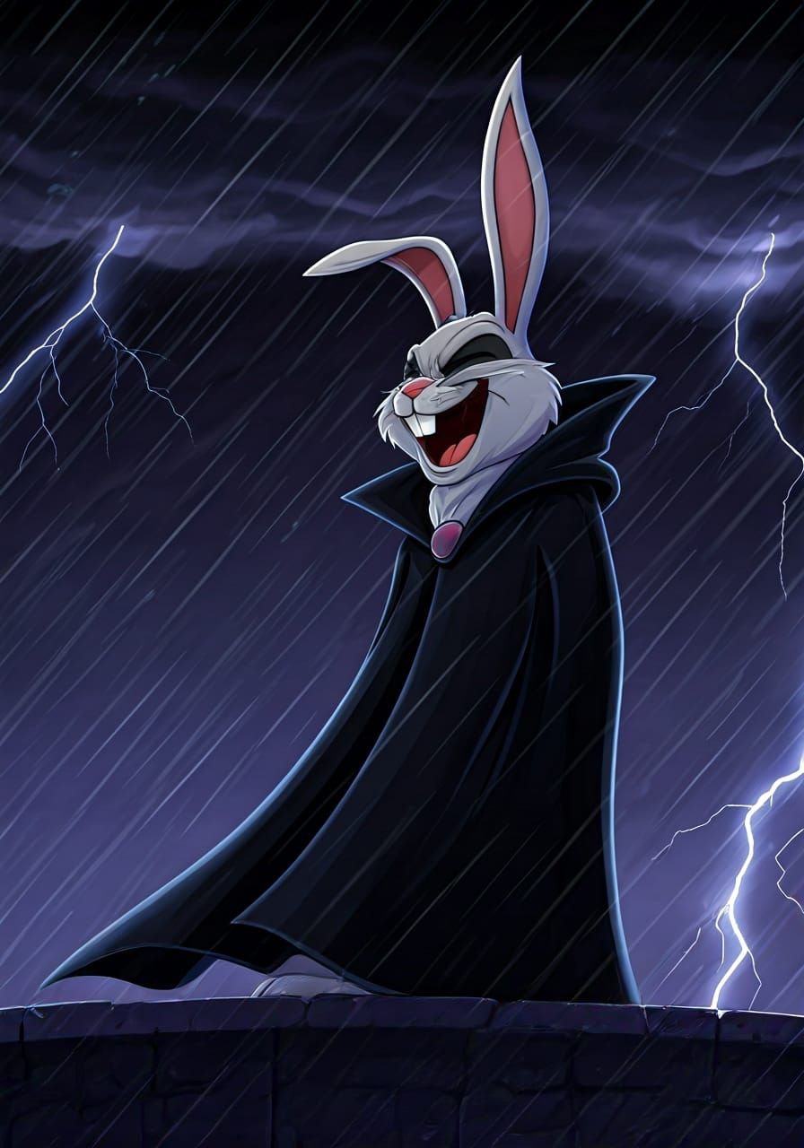 Evil Bunny Overlord Laughing at Stormy Sky