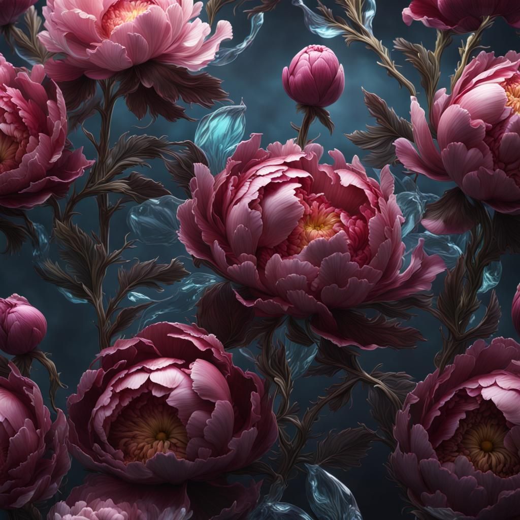 Glass Peonies on Black in Detailed Matte Painting