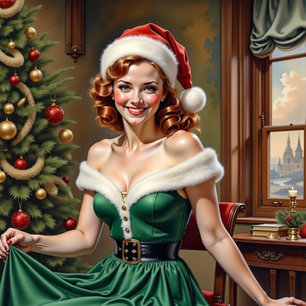 Beautiful Redhead in Impressionistic Christmas Scene