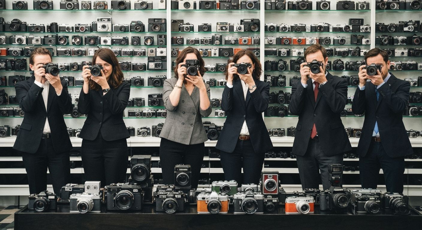 Photographers at Camera Press Conference in Documentary Styl...
