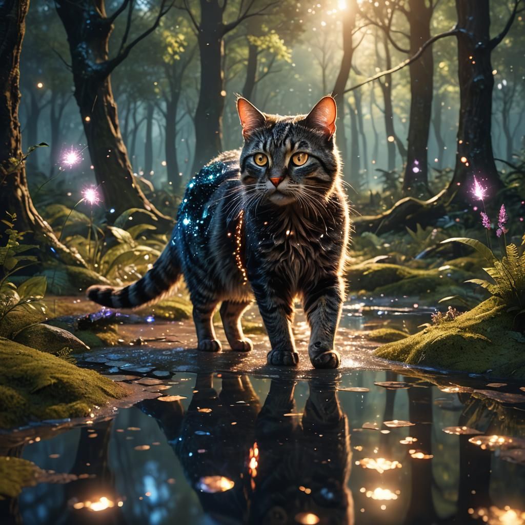 Cat Touches Glowing Puddle in Magical Forest