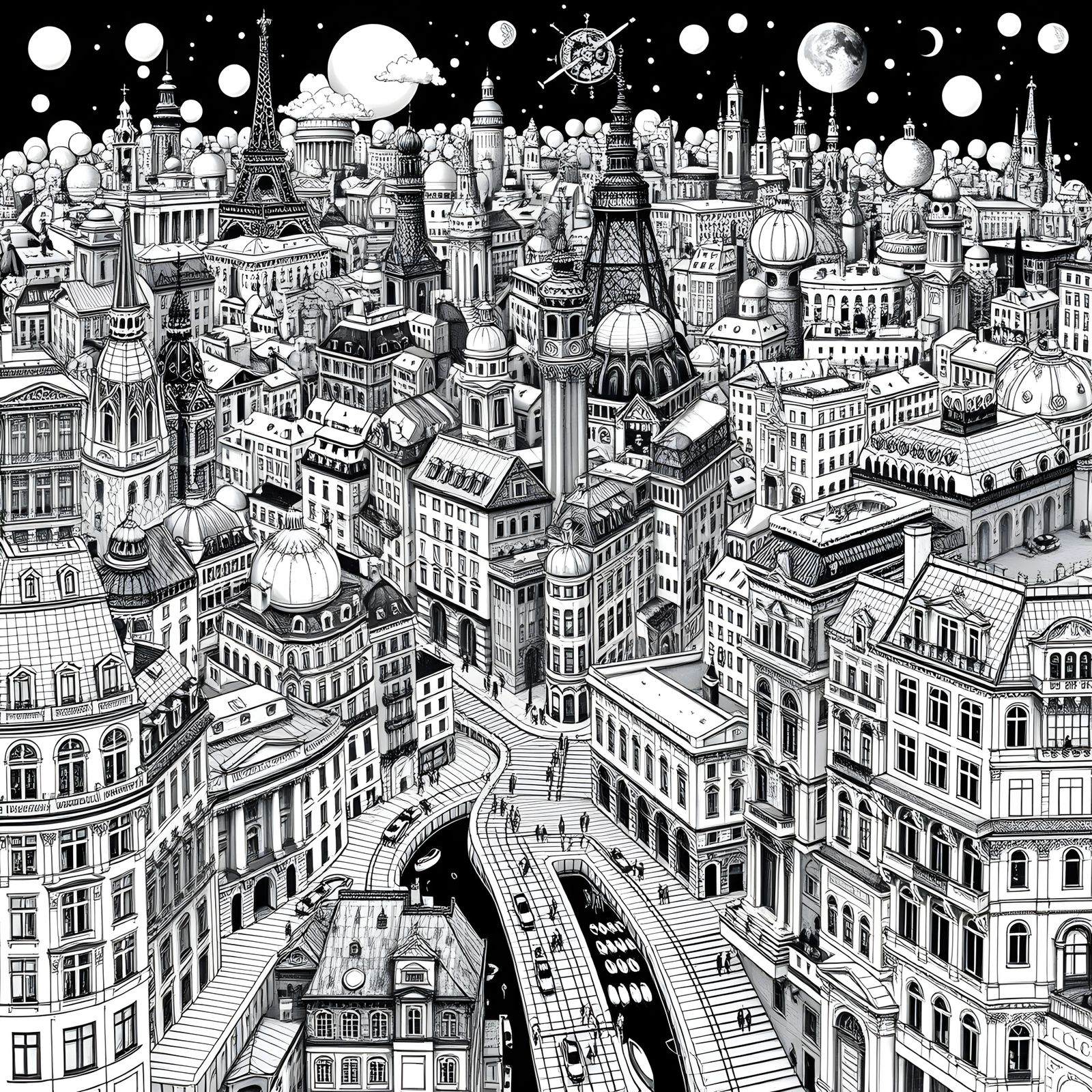 Detailed Doodle Drawing of Stockholm in Escher Style