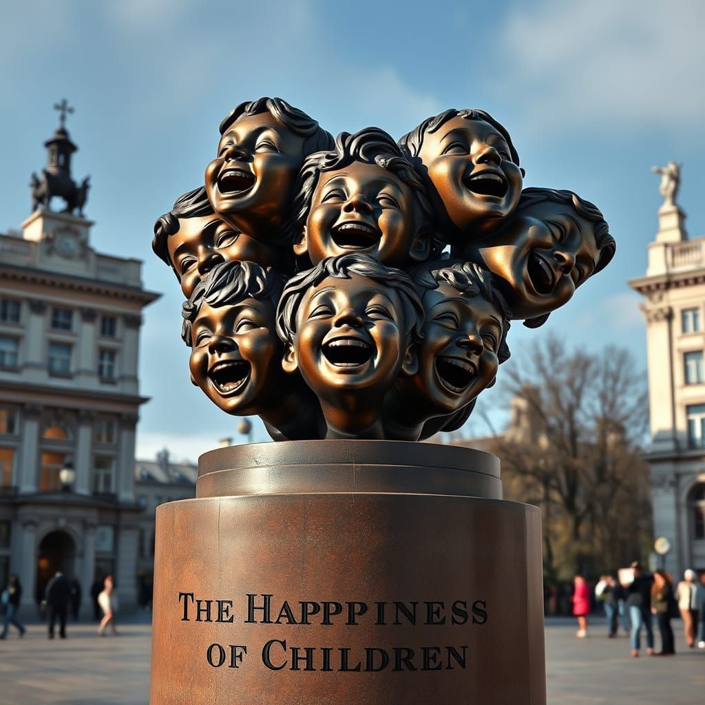 Surreal Bronze Sculpture of Joyful Masks Ascending in Trafal...