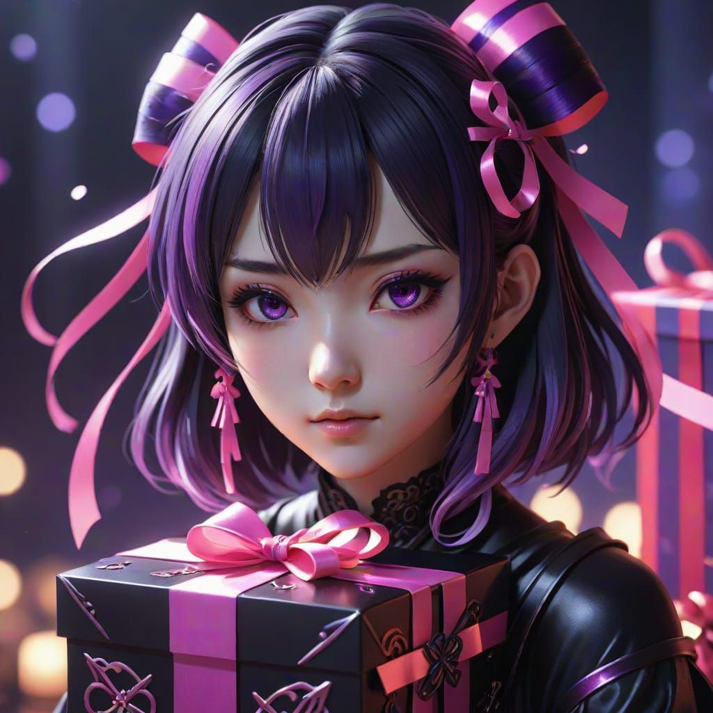 Gothic Anime Girl in Festive Box with Ribbons