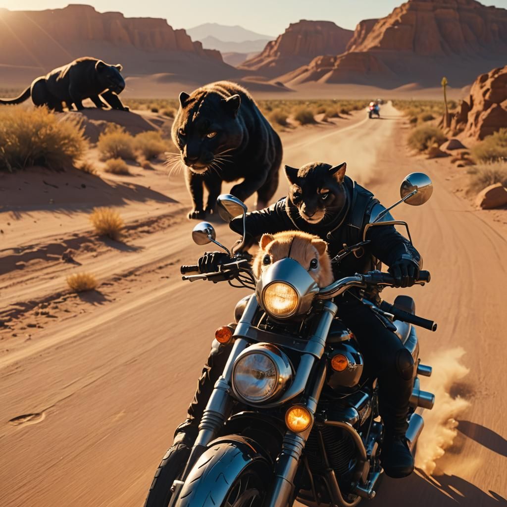 Hamster Motorcycle Ride in Desert, Cinematic Still