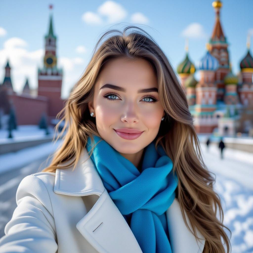 Blonde Woman's Selfie at the Kremlin in Winter