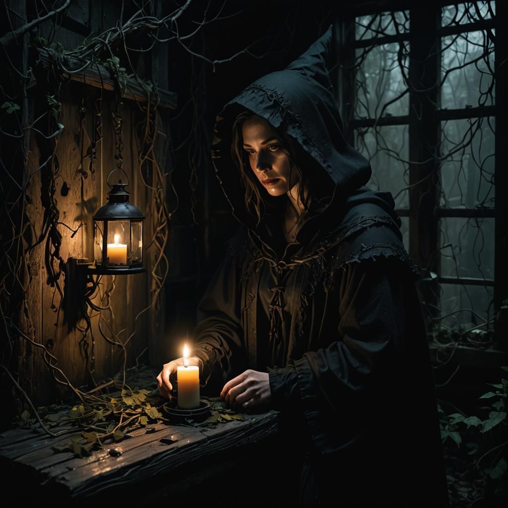 Swamp Witch Apprentice in Candlelit Shack