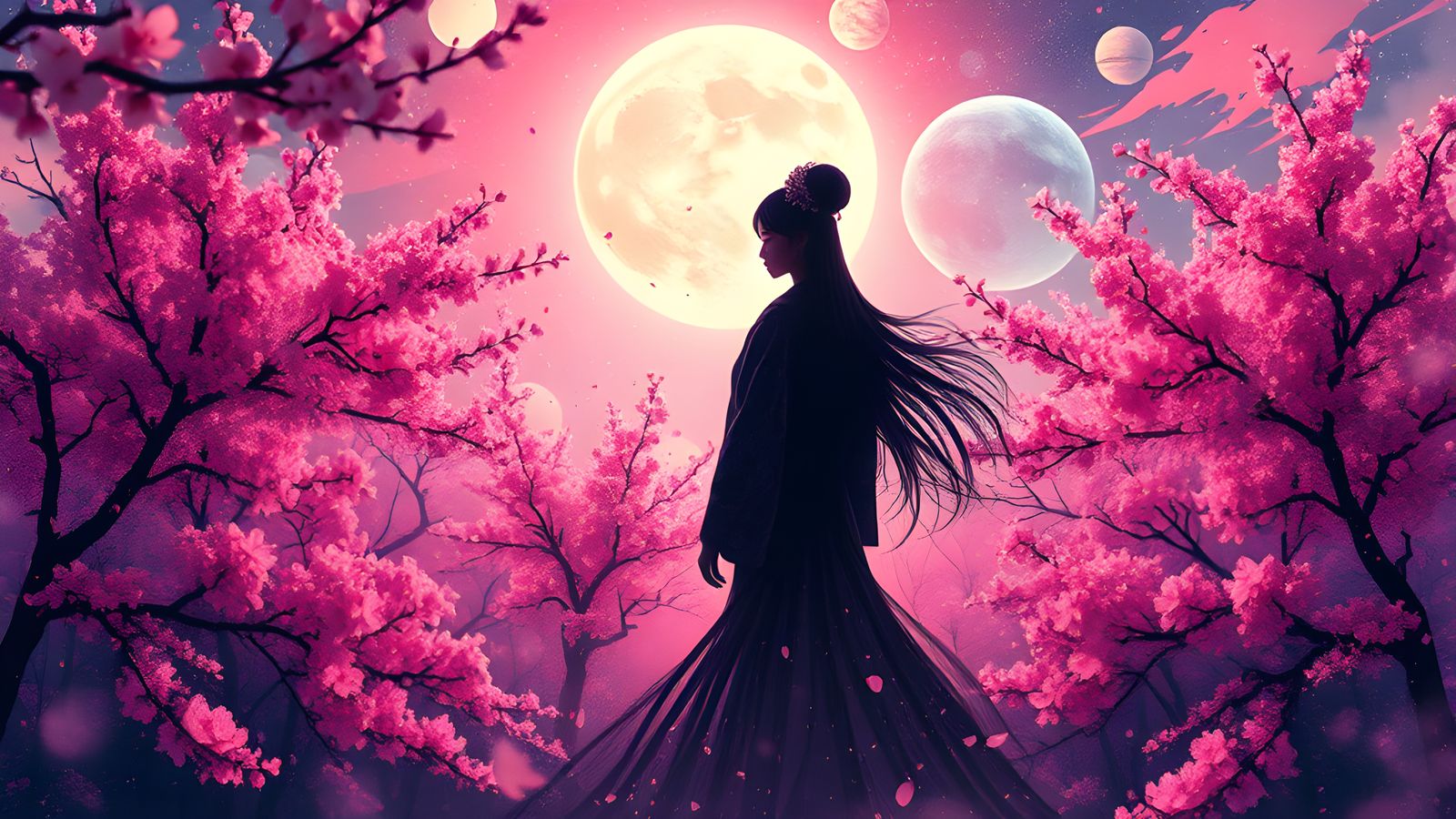 Geisha Silhouette in Surreal Sakura Field, CelShaded Style