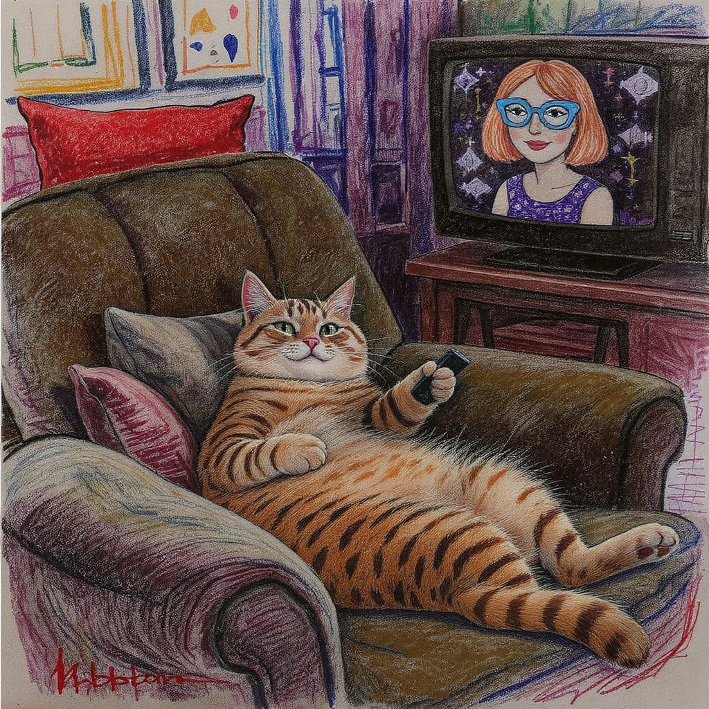 Happy Cat in Impressionist Chalk Art Style