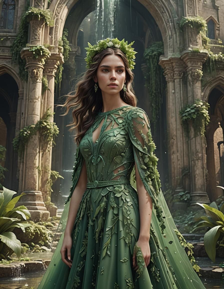 Woman in Green Dress in Apocalyptic Church