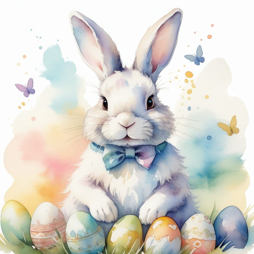 Whimsical Easter Bunny Paints Delicate Eggs in Watercolor