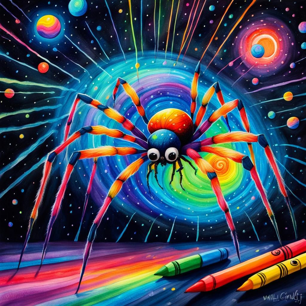 Cosmic Spider Creates Dreamy World in Surreal Crayon Style