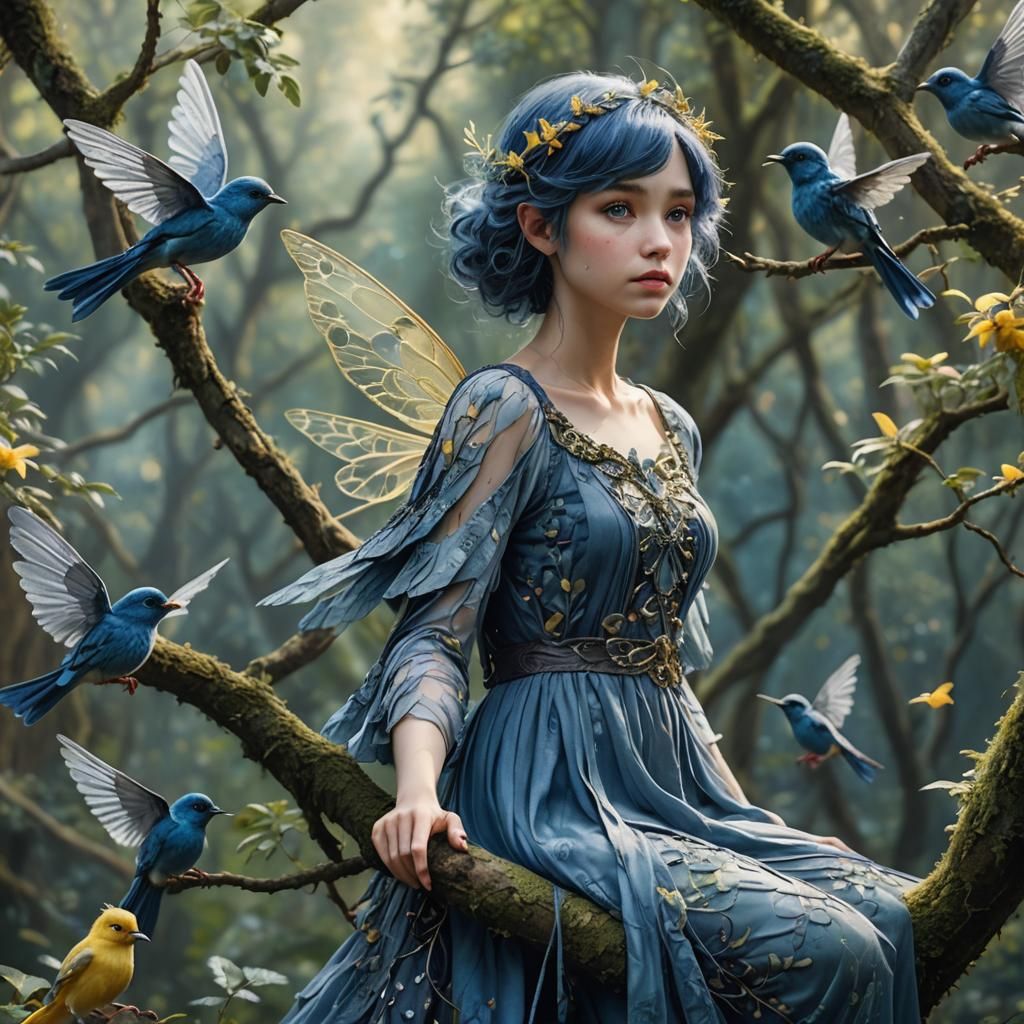 a hyper realistic magical scene featuring a delicate fairy with indigo hair and wings sitting gracefully on a tree branc...