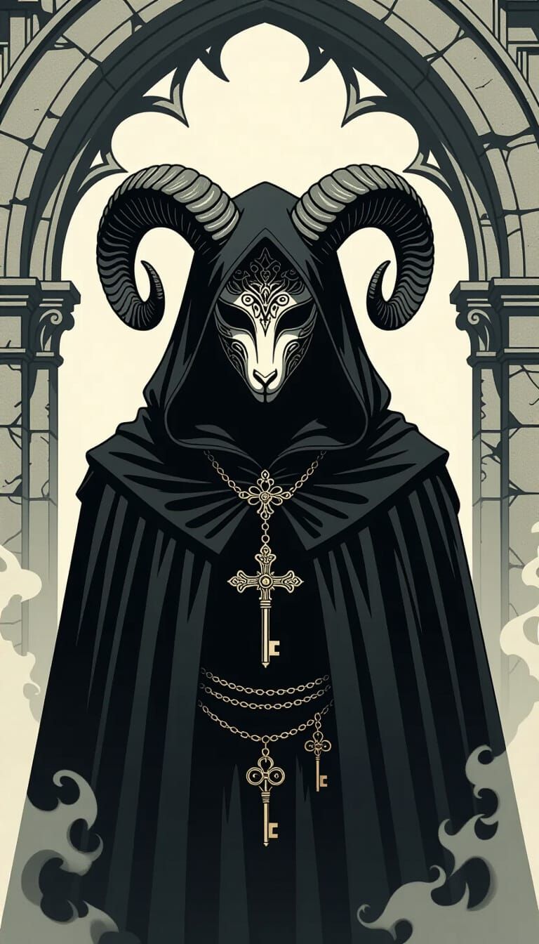 Figure in Hooded Cloak Beneath Gothic Archway