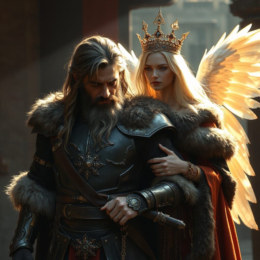 Noble Warrior Reflects with Guardian Spirit, Epic Fantasy Ar...