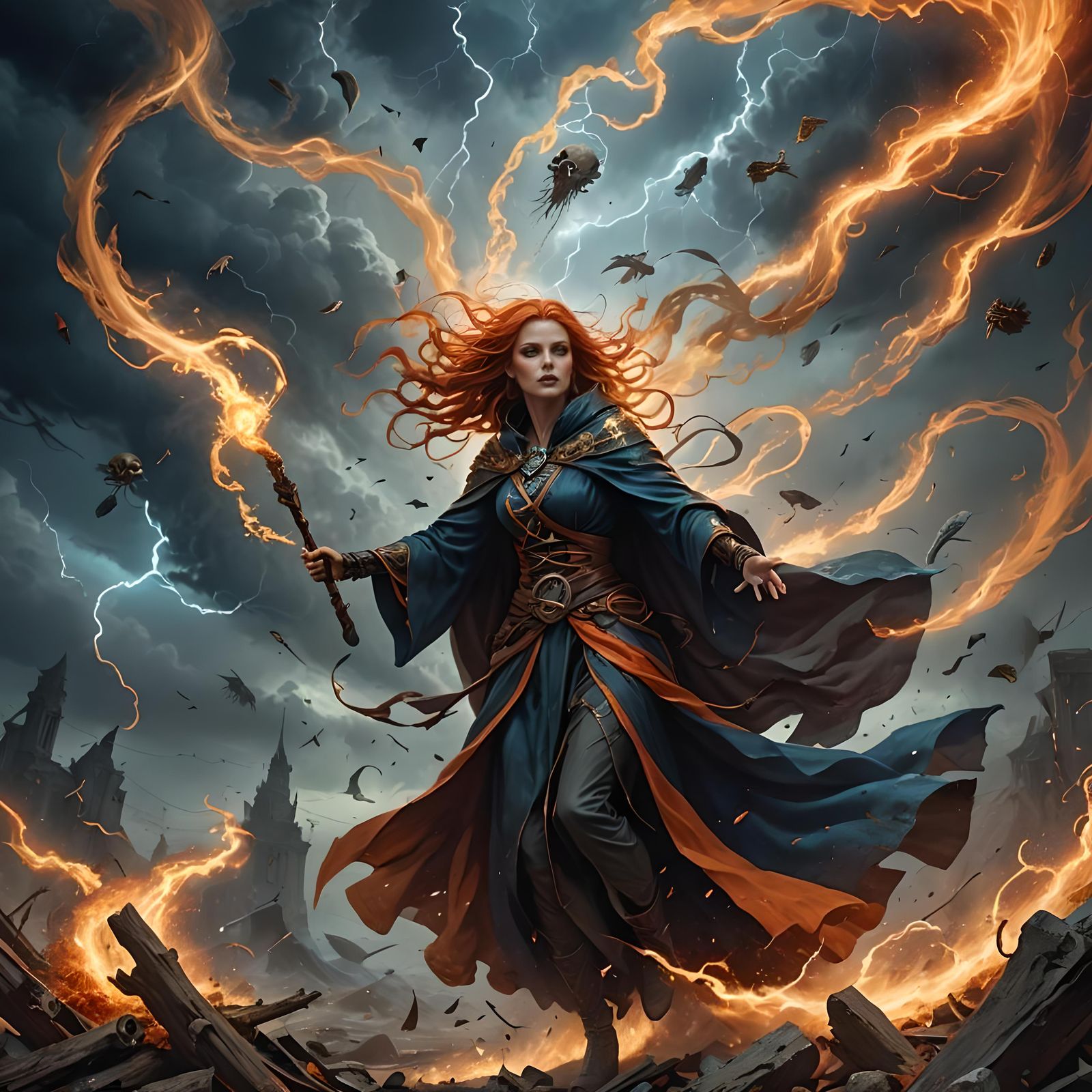 Powerful Mage Casting Wind Spell in Gritty Fantasy Art