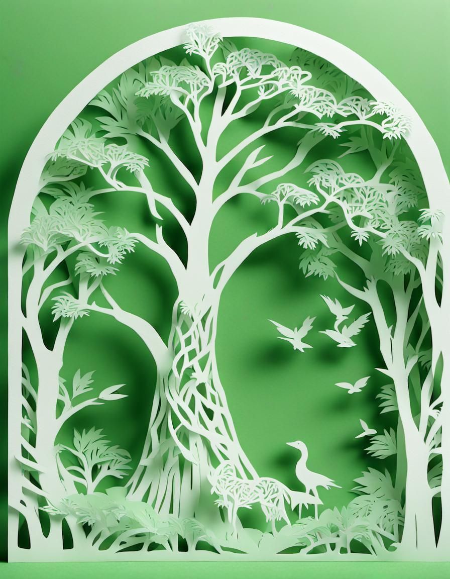 Lacey Willow Tree in White and Green Kirigami