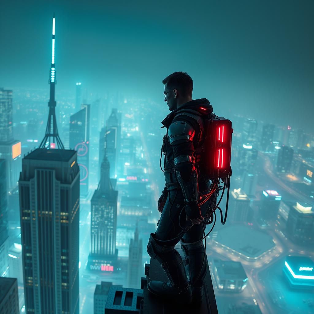 Cyborg Oversees Neon Cityscape in Cyberpunk Style