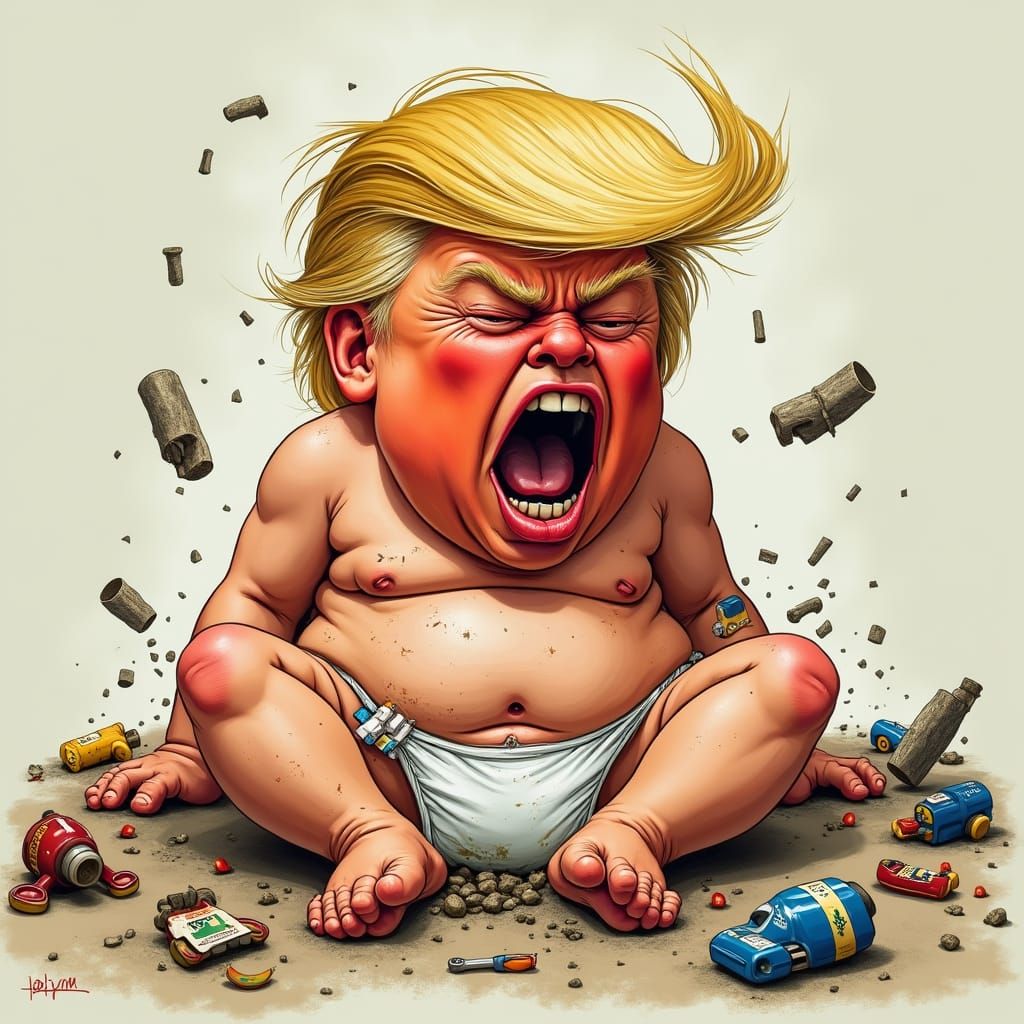 Satirical Cartoon of Donald Trump as a Tantruming Infant