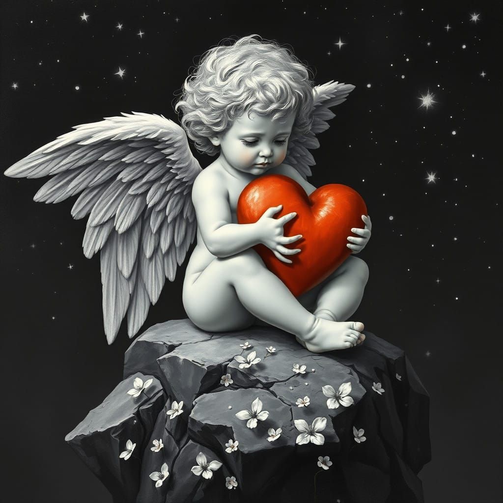Angel of Sorrow Cradles Vibrant Heart on Rocky Outcrop