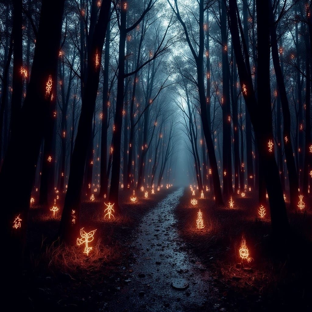 Rune-Marked Trees Illuminate Forest Path