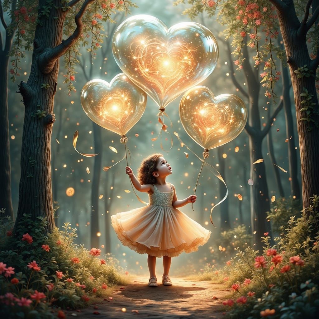 Girl with Glowing Balloons at Twilight, Dreamy Art