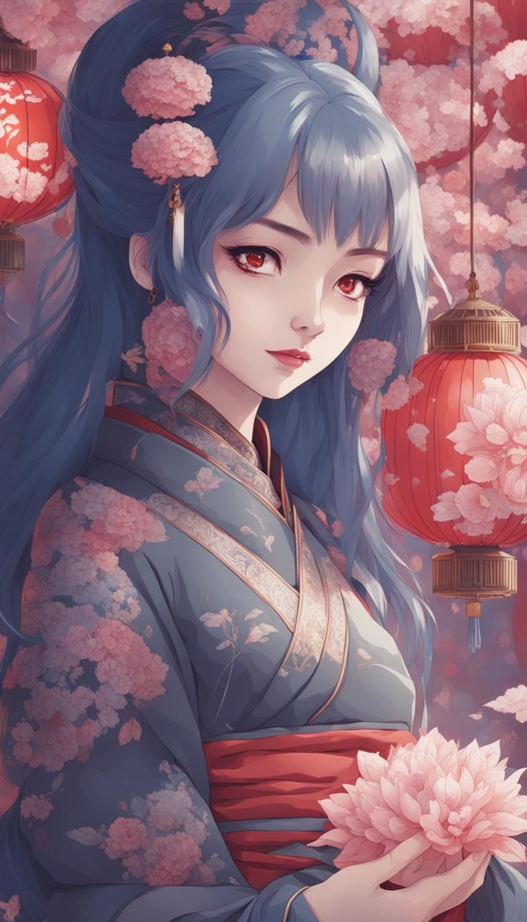 Dreamcore Girl in Qipao with Red Lanterns