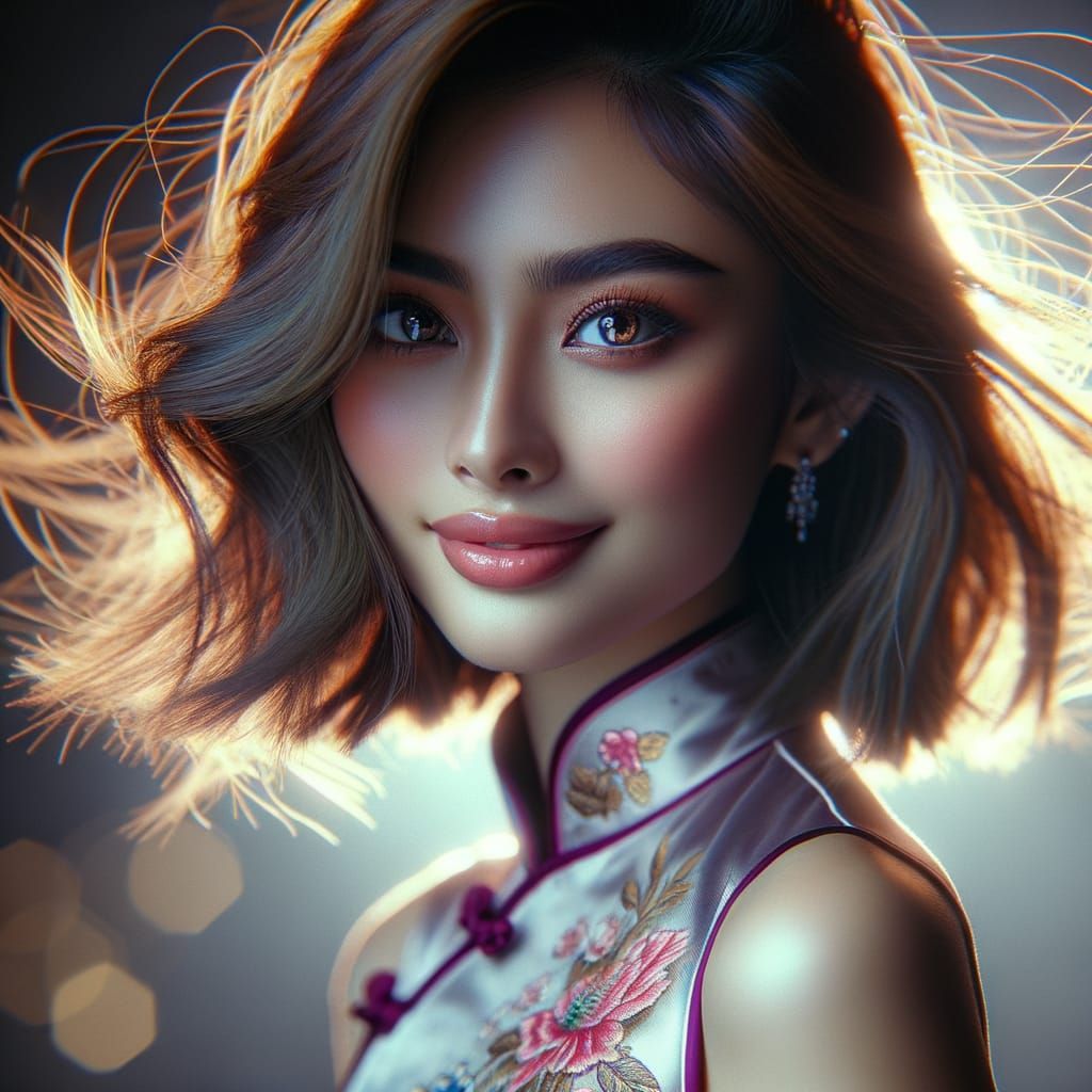 Beautiful Filipino Woman in Cheongsam with Exquisite Feature...