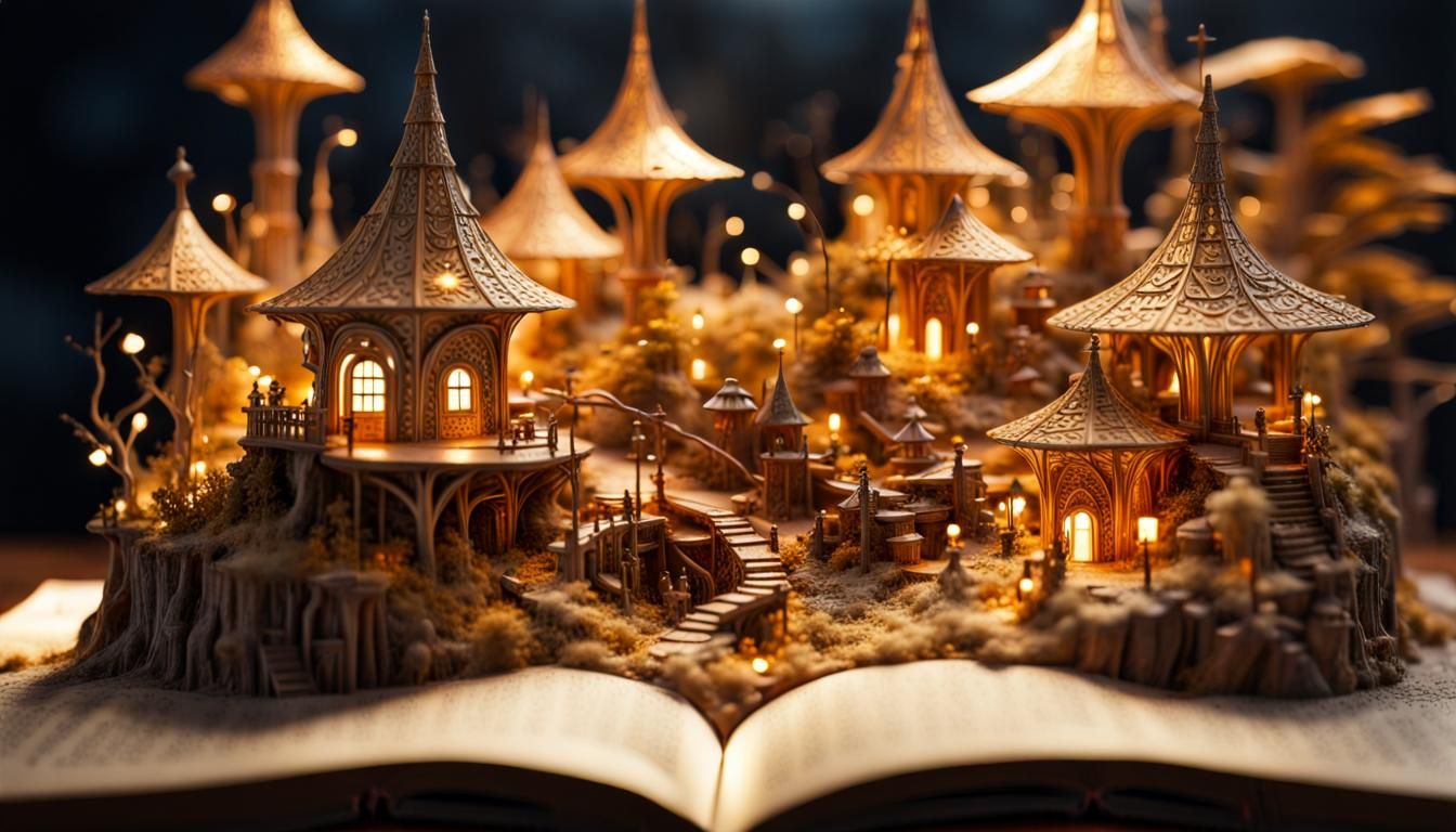 Fairyland Village Spilling from Book in Photorealistic HDR