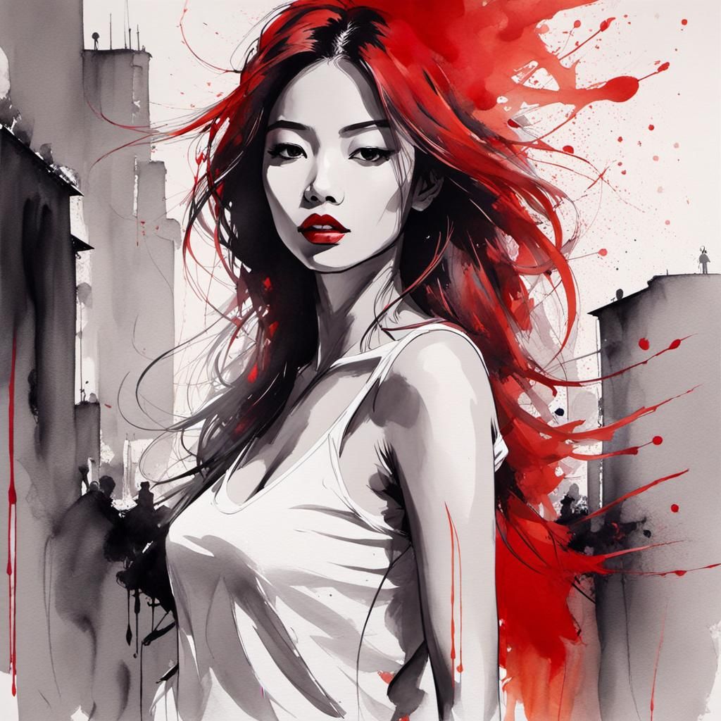 Korean Goddess Model in Watercolor Pen and Ink