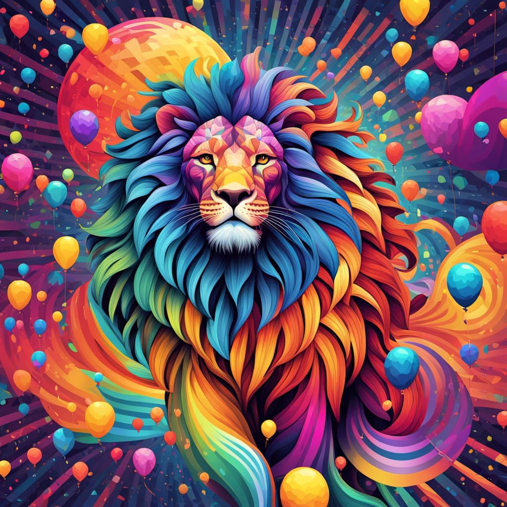 Vibrant Prism Lion Dazzles in Whimsical Carnival Setting