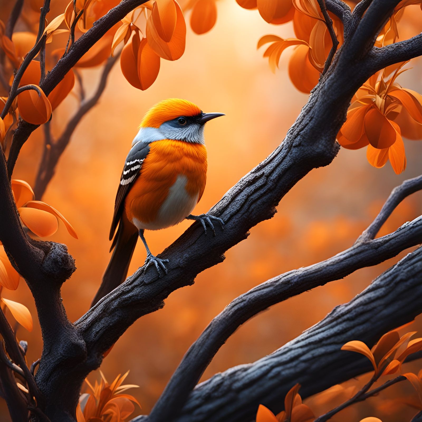 Exquisite Orange Bird in Tree: Detailed Matte Painting