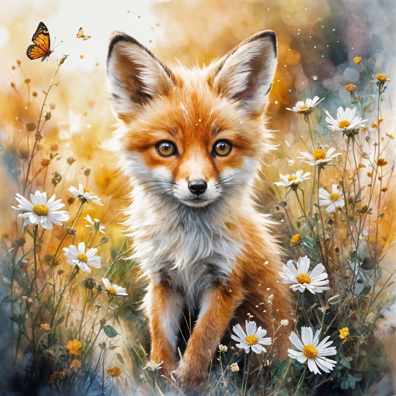 Adorable Baby Fox in Wildflower Field