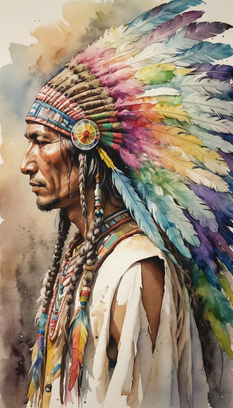 Colorful Native American Headdress Watercolor Portrait