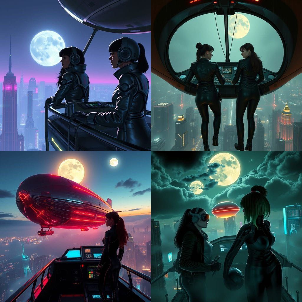 Two Women Navigate a Neon-Lit Zeppelin Under Moonlit Skies